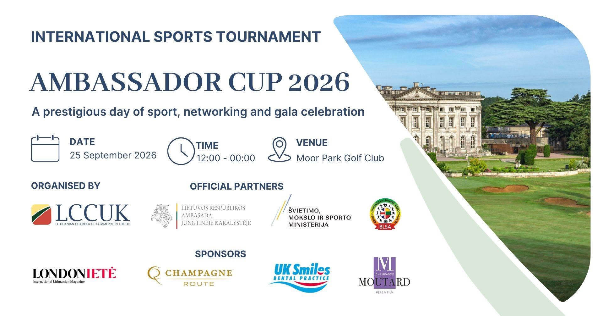 „Ambassador Cup 2026“ renginio plakatas – Moor Park Golf Club, 2026 m. rugsėjo 25 d.