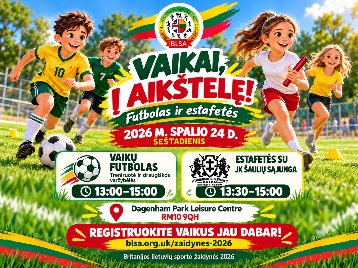 Afiša „Vaikai, į aikštelę!“ – vaikų futbolas ir estafetės su JK Šaulių sąjunga, 2026 m. spalio 24 d.